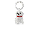 A sterling silver pendant in the shape of a young Labrador puppy with a red collar, accompanied by a loop for attachment, against a white background.